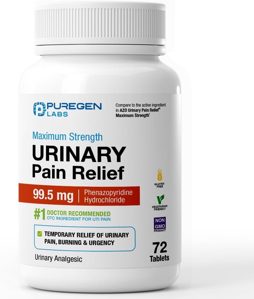 Puregen Labs Urinary Pain Relief | Phenazopyridine HCl 99.5mg Tablets | Maximum Strength OTC for Fast Relief of UTI Pain, Burning and Bladder discomfort – 72 Count Tablets
