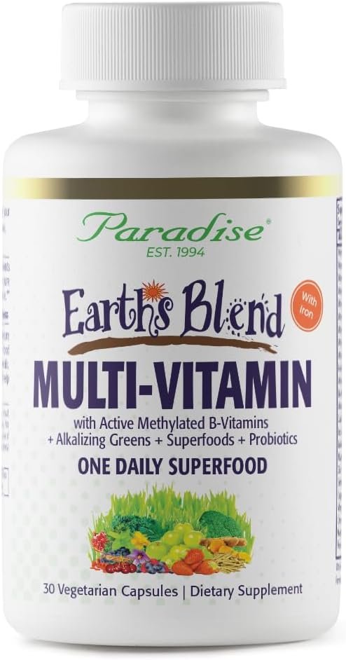 Paradise Herbs Earth’s Blend Once Daily Multivitamin with Iron, 48 Organic Superfoods, Probiotics, Antioxidants, Vitamins A, B12, C, D, K2, Daily Superfood, 30 Capsules