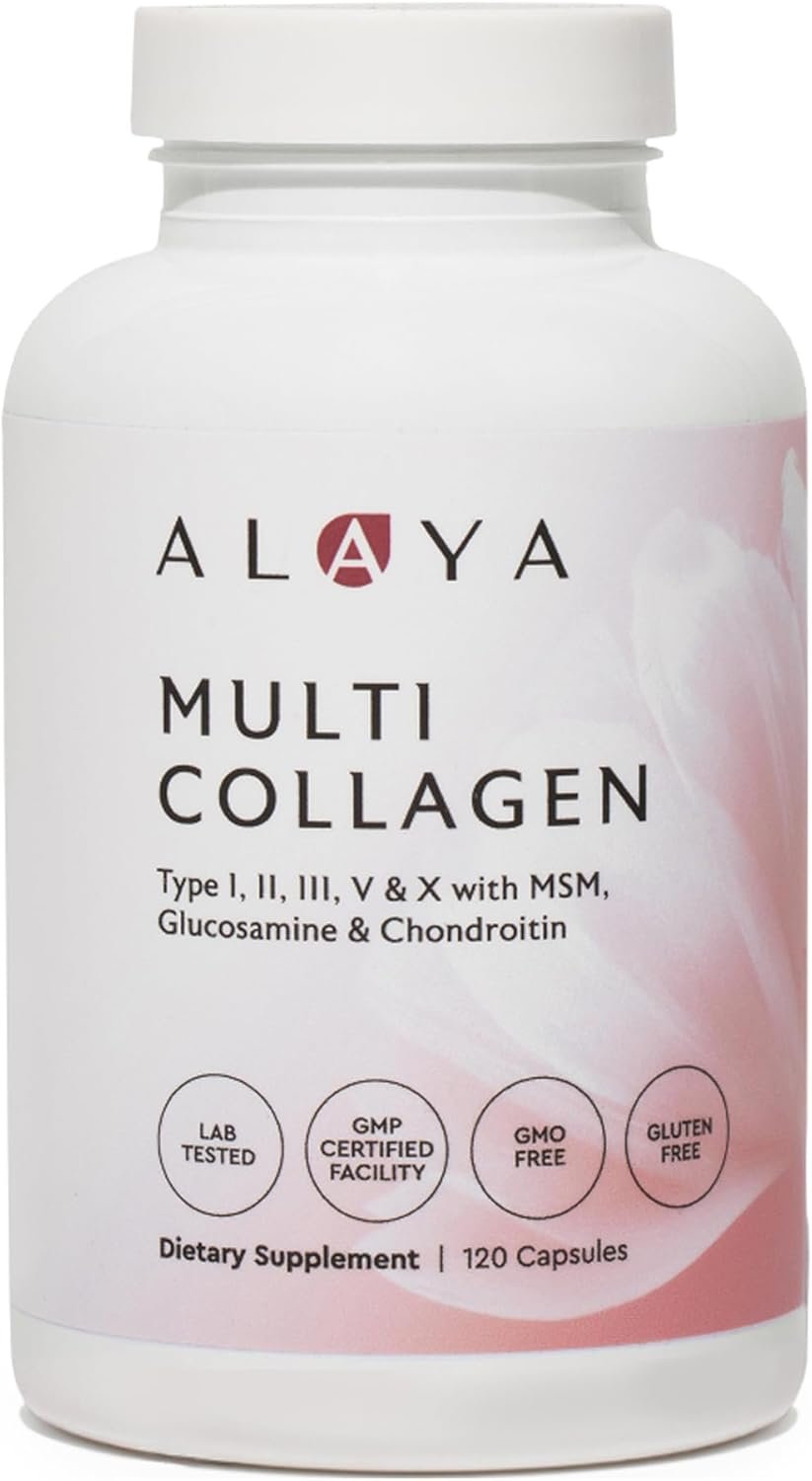 Alaya Naturals Hydrolyzed Multi Collagen Peptides Protein Capsules – Type I, II, III, V, X Grass-Fed Bovine, Chicken, Marine Collagen Supplement with MSM + GC (Capsules – 120 Count)