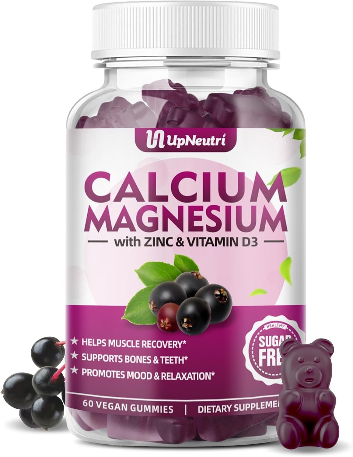Calcium Magnesium Zinc with Vitamin D3 Supplement, Sugar Free Calcium Gummies for Women Men, High Absorption Zinc Gummies for Bone & Muscle & Immune Health, Vegan Elderberry Flavor – 60 Count