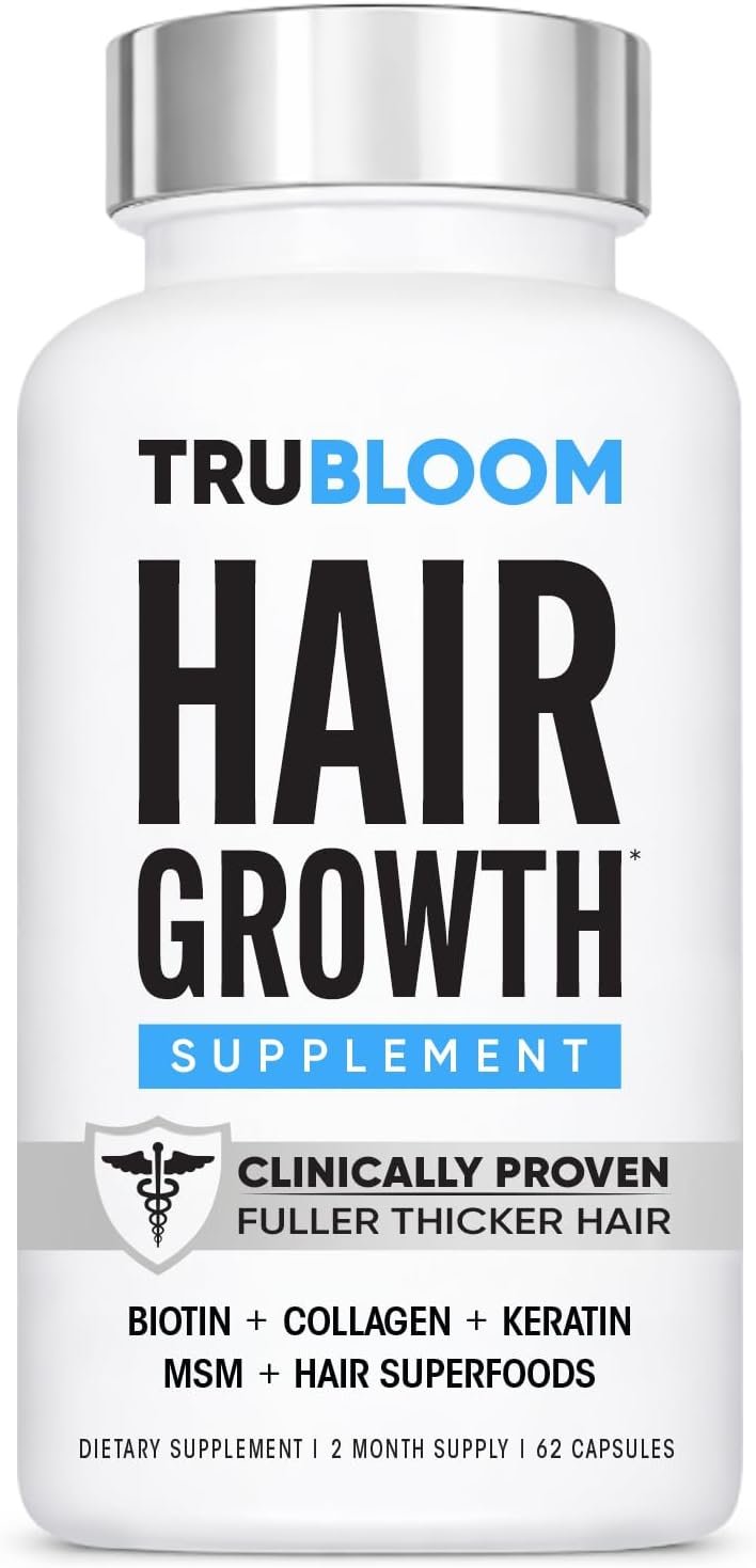 TRU BLOOM Hair Growth Vitamins – Clinically Proven & Dermatologist-Tested to Grow Fuller & Thicker Hair | Drug-Free Hair Growth Products with Biotin, Collagen, Keratin, MSM, Zinc & D3-2 Month Supply