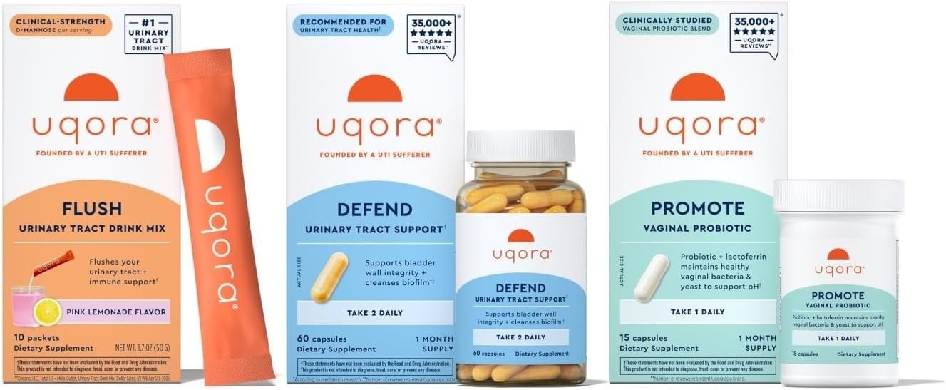 Uqora Complete Regimen with Flush, Defend & Promote – Urinary Tract Support with D-Mannose, Vitamin C, Green Tea Extract, Probiotics & More – Comprehensive Bladder Health Support* – 3-Part Bundle