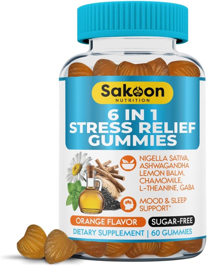 6-in-1 Stress Relief Gummies 60ct – Aids Relaxation with Ashwagandha, GABA, L-theanine, Lemon Balm, Chamomile, Black Cumin Seed Nigella Sativa. Improved Deep Sleep, Joint Support – 60 gummies