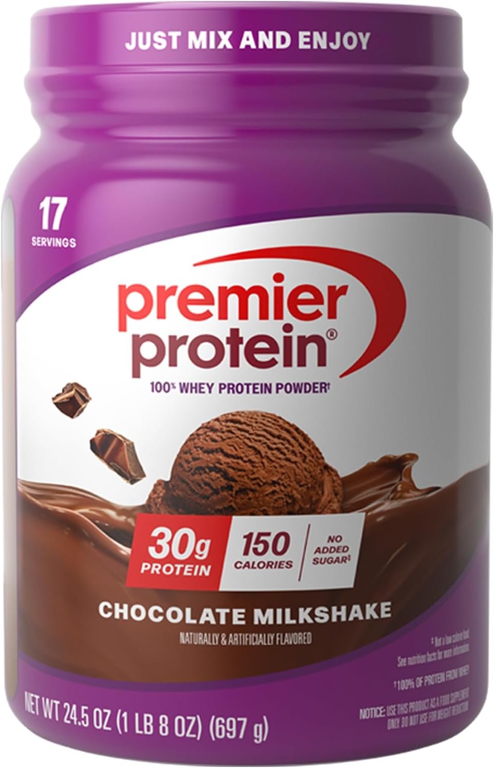 Premier Protein Powder, Chocolate Milkshake, 30g Protein, No Added Sugar, 100% Whey Protein, Keto Friendly, Soy & Gluten Free, 24.5 oz (17 Servings)