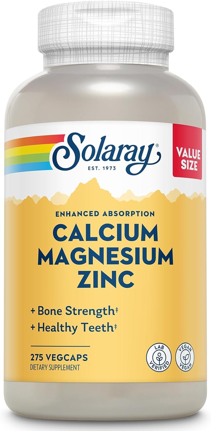 SOLARAY Calcium Magnesium Zinc Supplement – with Calcium 1000mg, Magnesium 500mg – Bone Health, Muscle Function, Heart Health and Immune Support – Vegan, 60 Day Guarantee, 68 Servings, 275 VegCaps