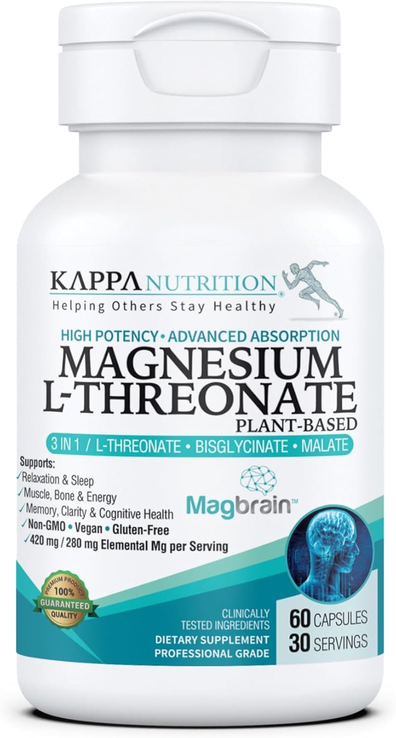 Kappa Nutrition Powered by Magbrain™ Magnesium L-Threonate Plant-Based, 60 Vegan Capsules, 420mg Elemental Magnesium (3 Capsules) from 2,253mg, Brain, Sleep & Muscle Support.