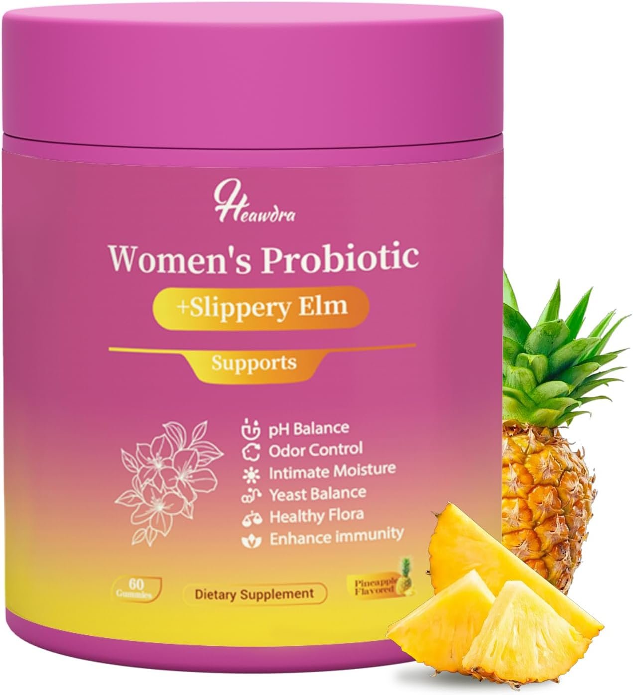 Her Juicy Women’s Probiotic Gummies: Supports Women’s Wellness & pH Balance, Clean Vegan, Pineapple Flavor, Prebiotics & Lactobacillus Blend, with Slippery Elm, Gut Health & Immune Defense, 60 Gummies