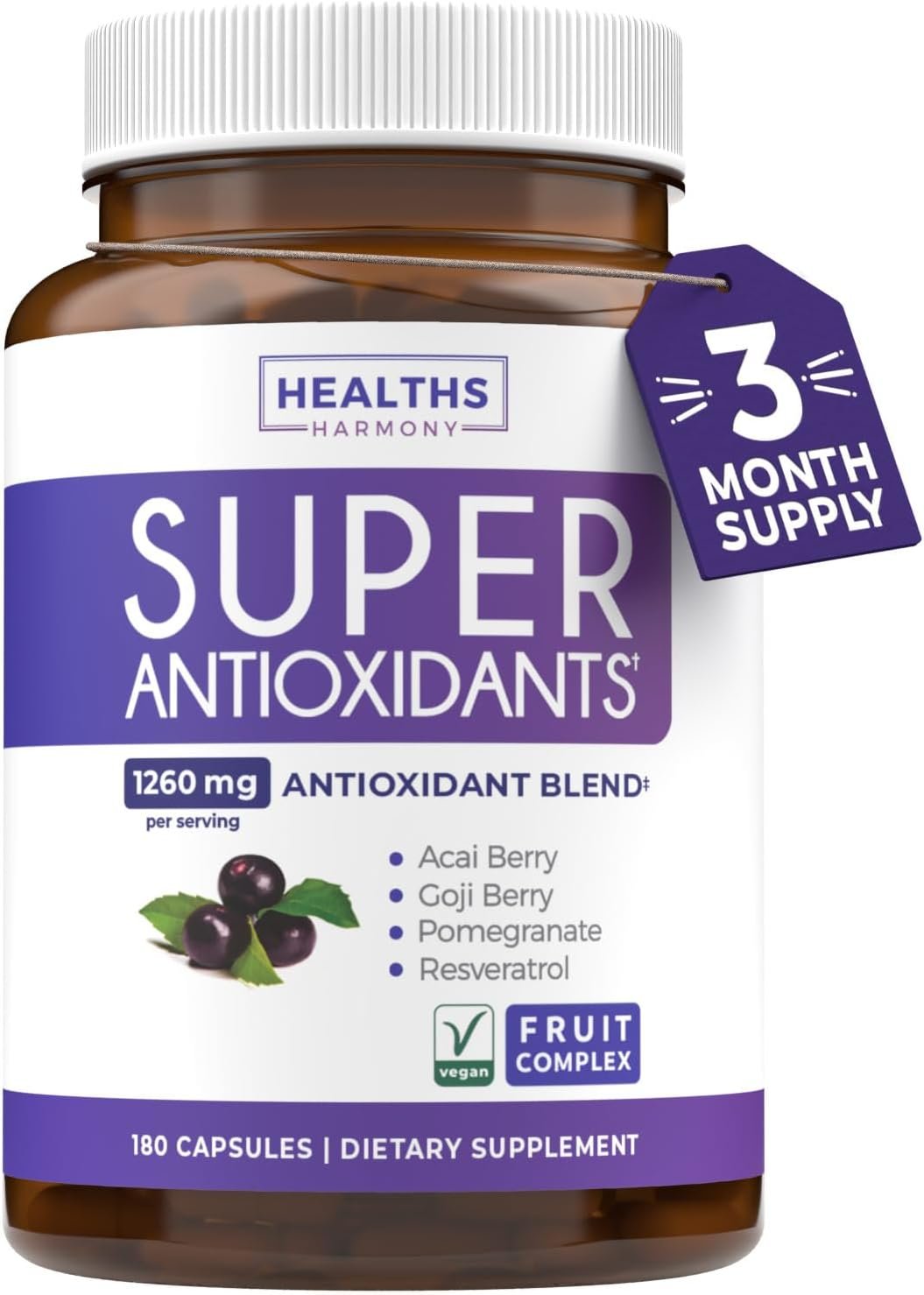 Super Antioxidants Supplement for Women & Men – High Potency Herbal & Fruit Blend with Acai, Goji, Pomegranate, Elderberry & Resveratrol for Skin Care & Immune Support – Vegan & Non-GMO – 180 Capsules