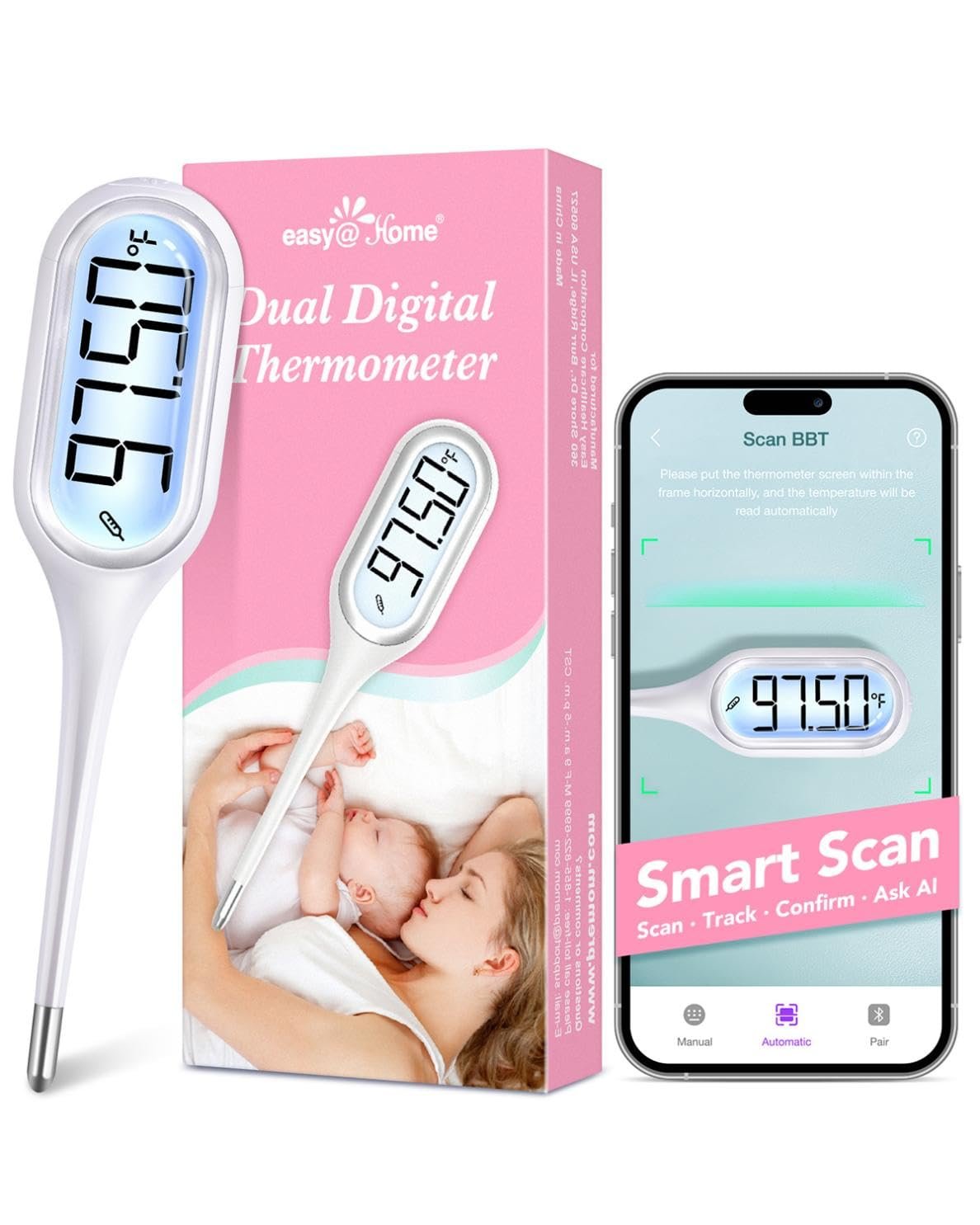 Easy@Home Basal Thermometer for Ovulation Tracking: 1/100th Degree Precision, Dual Mode – Accurate BBT & Fast Read for Fever | 30 Memory Recall, Premom App OCR Scan | EBT-013