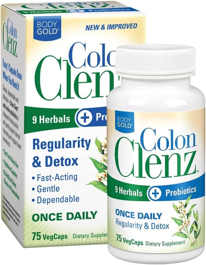 Body Gold Colon Clenz & Detox Overnight Formula | Once Daily with 9 Herbs + Active Probiotics | Constipation Relief for Adults | Bloating Relief for Women & Men | 75 Capsules