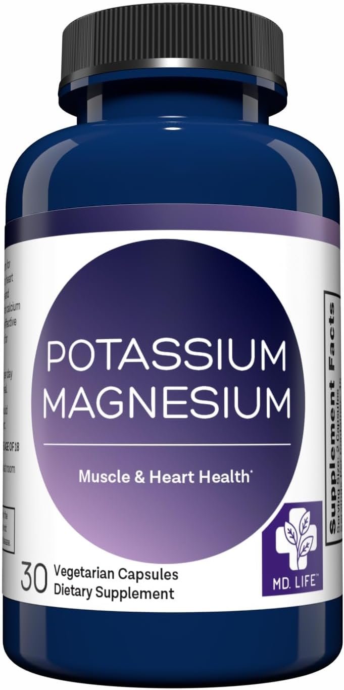 MD. Life Potassium Magnesium Supplement – 30 Capsules – High Absorption Magnesium Complex – Potassium Supplement to Support Vascular Health & Leg Cramp