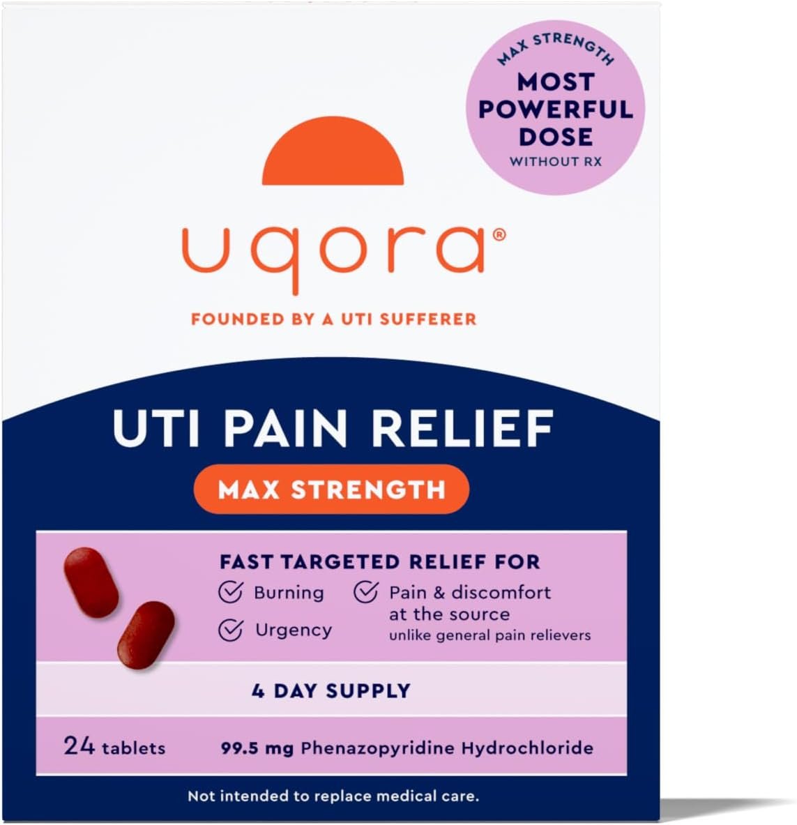 Uqora UTI Pain Relief Max Strength – Maximum OTC Strength Phenazopyridine HCl Tablets – Fast, Targeted Relief for Pain, Burning & Urgency – 24 Tablets