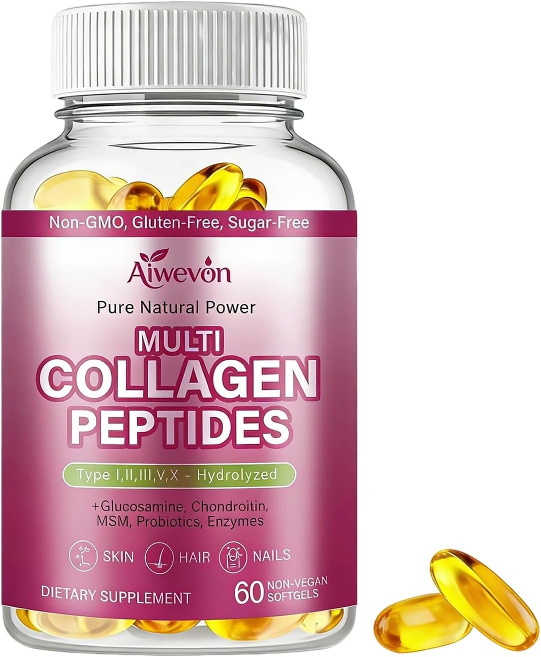 Multi Collagen Peptides Capsules 9500mg: Hydrolyzed Collagen Supplement Type I II III V X with Hyaluronic Acid Glucosamine MSM Probiotics Enzymes, Collagen for Skin Hair Nails Joints Women Men 60