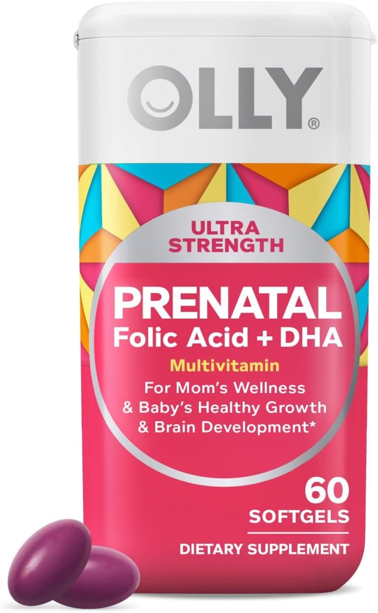 OLLY Ultra Strength Prenatal Multivitamin Softgels, Supports Mom’s Wellness & Baby’s Healthy Growth and Brain Development,* Folic Acid, DHA, Iron, Vitamins B, C, D & E, 30 Day Supply – 60 Count