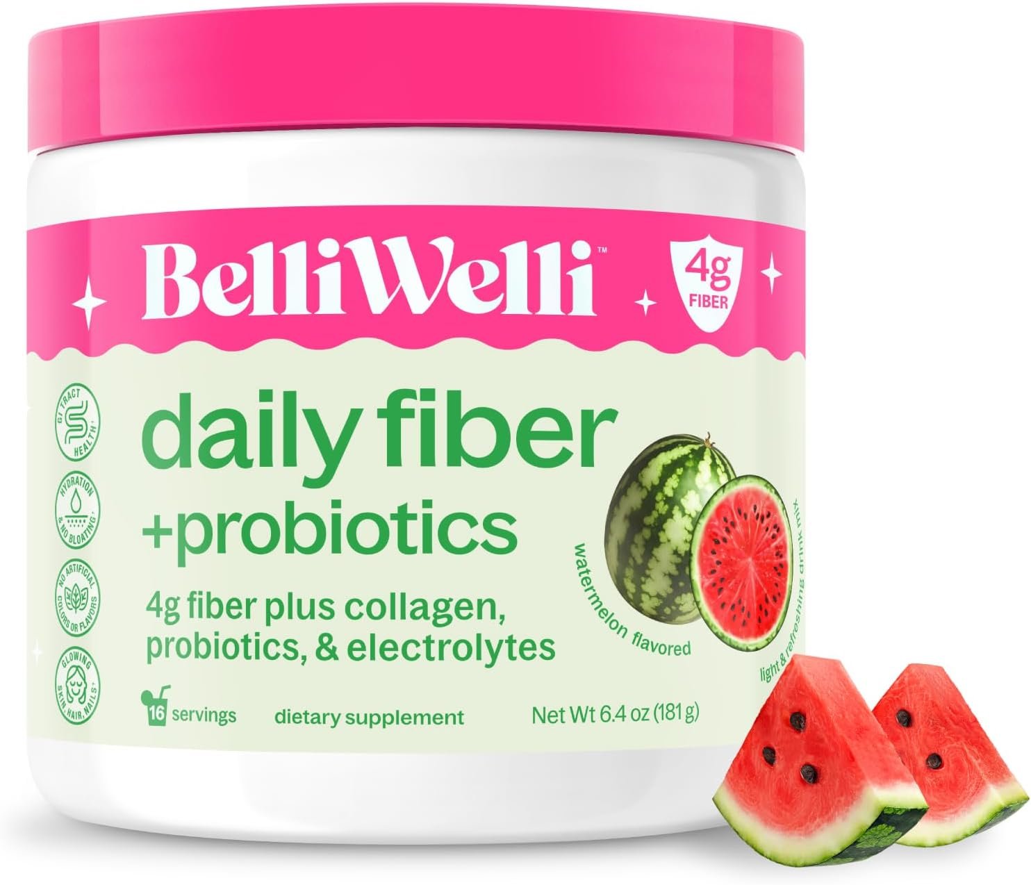 Belli Welli Fiber Supplement for Women & Men – Premium Daily Fiber Powder from Organic Acacia with Added Collagen, Electrolytes & Probiotics – No Bloat, Constipation & Gut Health Support (Watermelon)