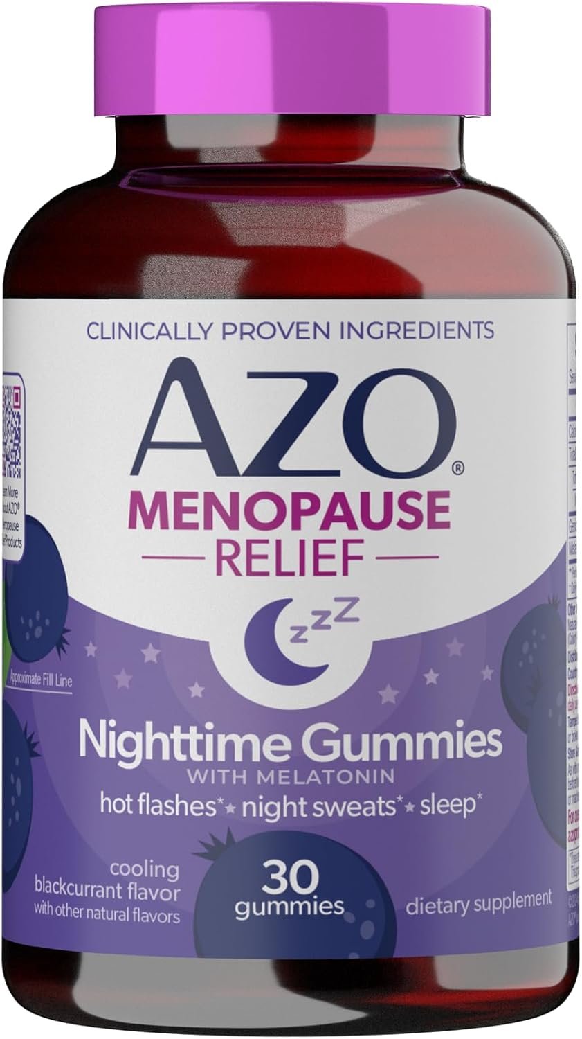 AZO® Nighttime Menopause Gummies + Melatonin to Support Restful Sleep*, Clinically Proven Ingredient for Hot Flashes and Night Sweats, Menopause Supplements for Women – 30 Gummies