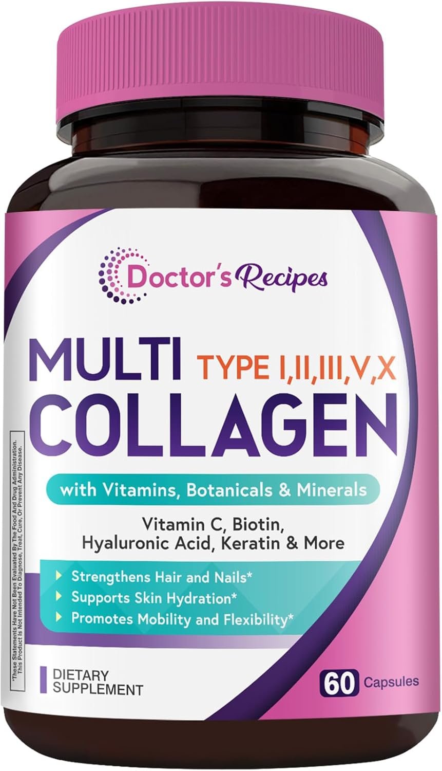 Doctor’s Recipes Multi Collagen Peptides, Type I, II, III, V, X, 1000 mg Per Serving, Vitamin C, Biotin, Hyaluronic Acid, Keratin, Turmeric, for Hair, Nails, Skin, Stay Active, Antioxidant, 60 Caps