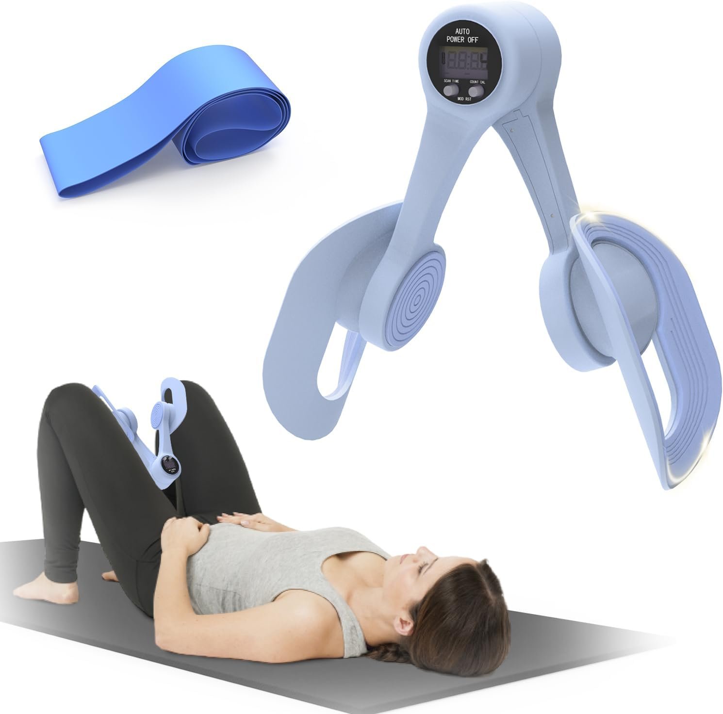 Thigh Trainer, 360°Adjustable Pelvic Floor Muscle Trainer with LED Display, Inner Thigh Exerciser with 20LB Resistance Band for Women, Home Fitness Equipment for Hip, Leg, Arm