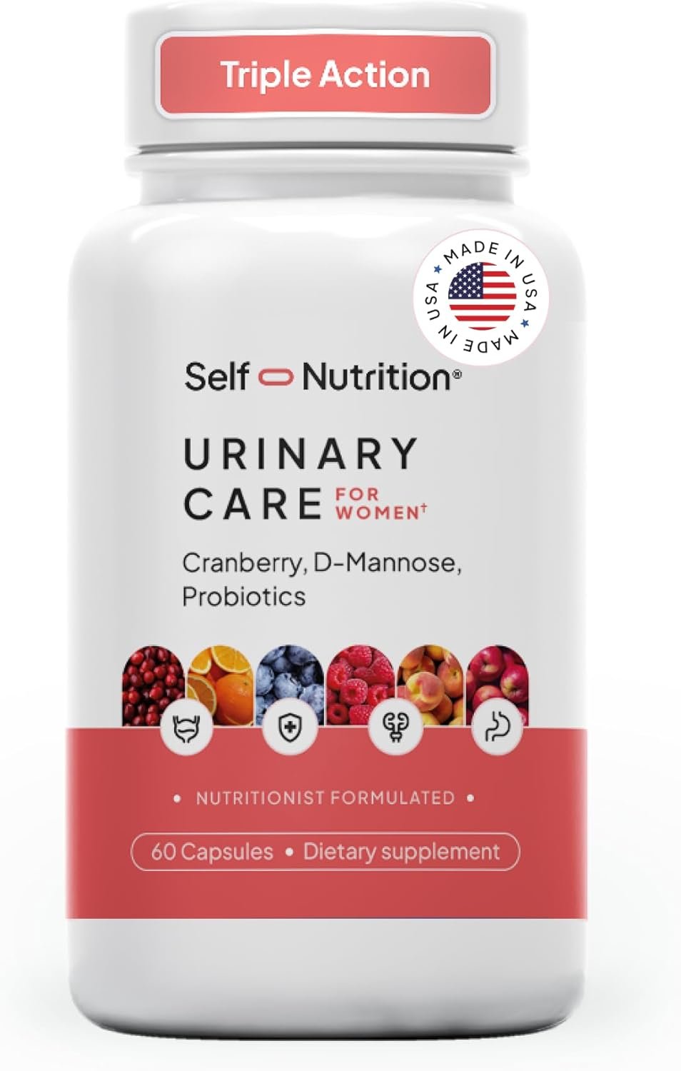 SELF NUTRITION UTI D Mannose with Cranberry & Probiotics for Women | 3 in 1 Supplement, Supports Urinary Tract Health & PH Balance | Effective & USA Made | Vegan, Non-GMO (60 Capsules)