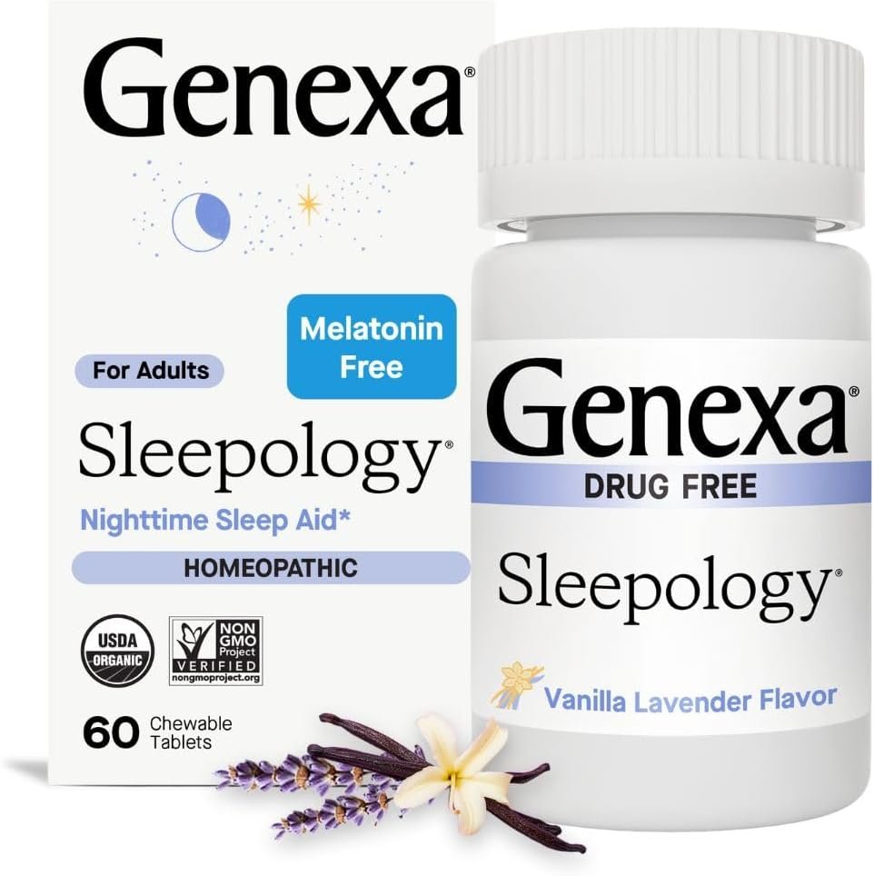 Genexa Sleepology for Adults | Melatonin Free Sleep Aid | Promotes Rest | Natural Vanilla & Lavender Flavor | Certified Organic & Non-GMO | Homeopathic Remedy Made Clean | 60 Chewable Tablets​