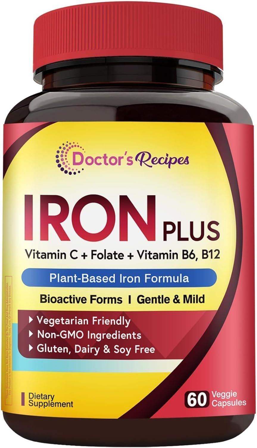 Doctor’s Recipes Iron Supplement for Women Men – Gentle Iron Bisglycinate with Vitamin C, B6, Folate & B12, Stomach Friendly Iron Pills, 60 Vegan Caps