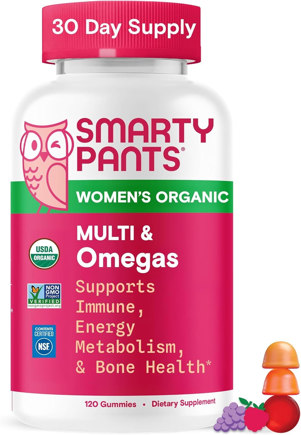 SmartyPants Organic Women’s Multivitamin Gummies: Biotin, Methylfolate, Omega 3 (ALA), Vitamin D3, C, Vitamin B12, B6, A, K & Zinc, Inositol, Gluten Free, Vegetarian, 120 Count (30 Day Supply)