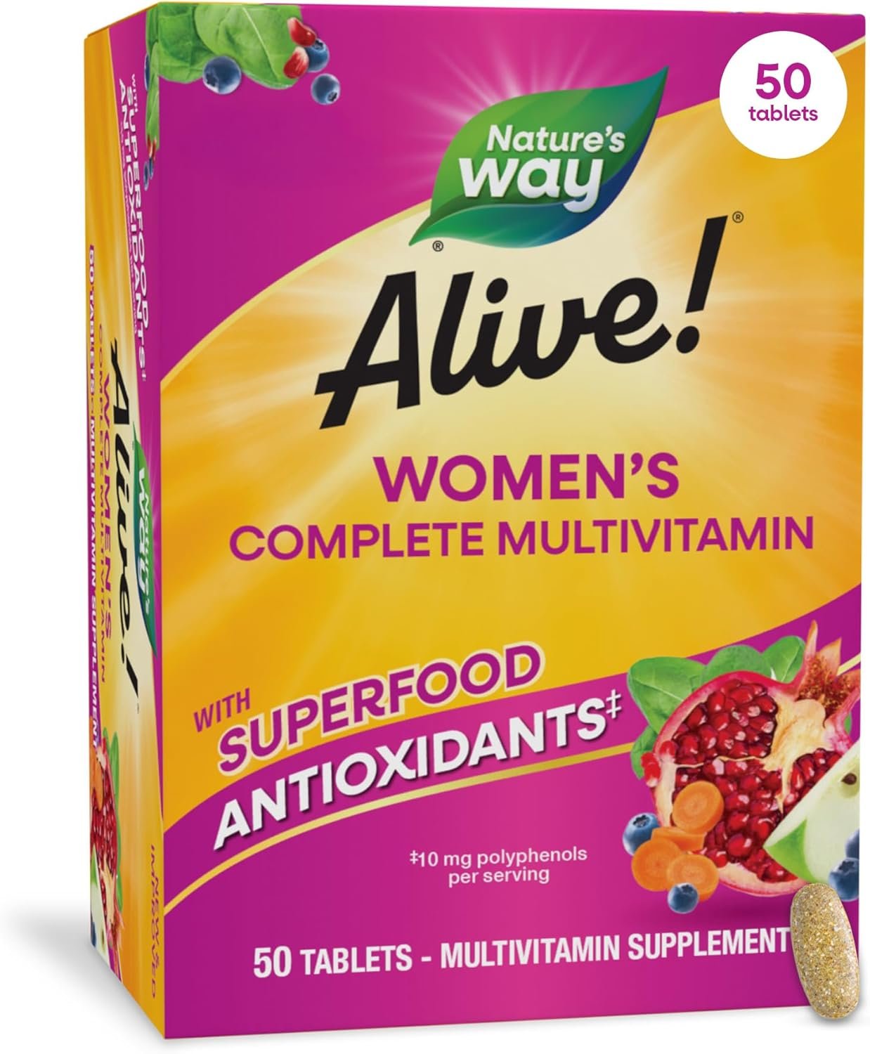 Nature’s Way Alive! Complete Multivitamin for Women, Daily Women’s Vitamin Supports Cellular Energy Metabolism, Hair, Skin & Nails*, B-Vitamins, with Superfood Antioxidants, 50 Tablets