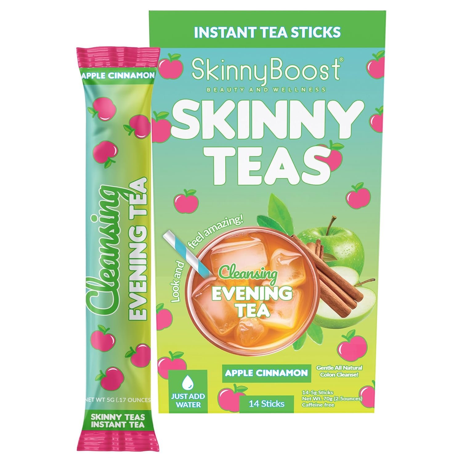 Skinny Teas Instant Tea Sticks – Cleansing Evening Tea – 14 Ct – Herbal Detox Blend with Colon and Body Cleansing Herbs Gentle Cleanse, Reduce Bloat (Apple Cinnamon)