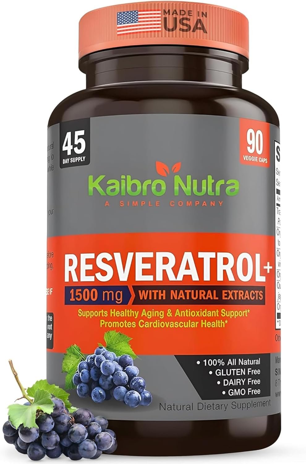 Kaibro Nutra Resveratrol Supplement, 1500mg Extra Strength Trans Resveratrol, Quercetin with Japanese Knotweed Extracts, Anti-Aging, Radiant Skin and Immunity Support, Vegan & Non-GMO, 90 Capsules