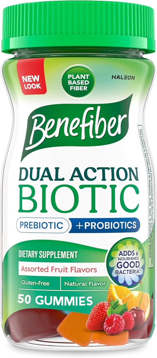 Benefiber Prebiotic GLP-1 Friendly Fiber Supplement Gummies with Probiotics for Digestive Health, Assorted Fruit Flavors – 50 Count