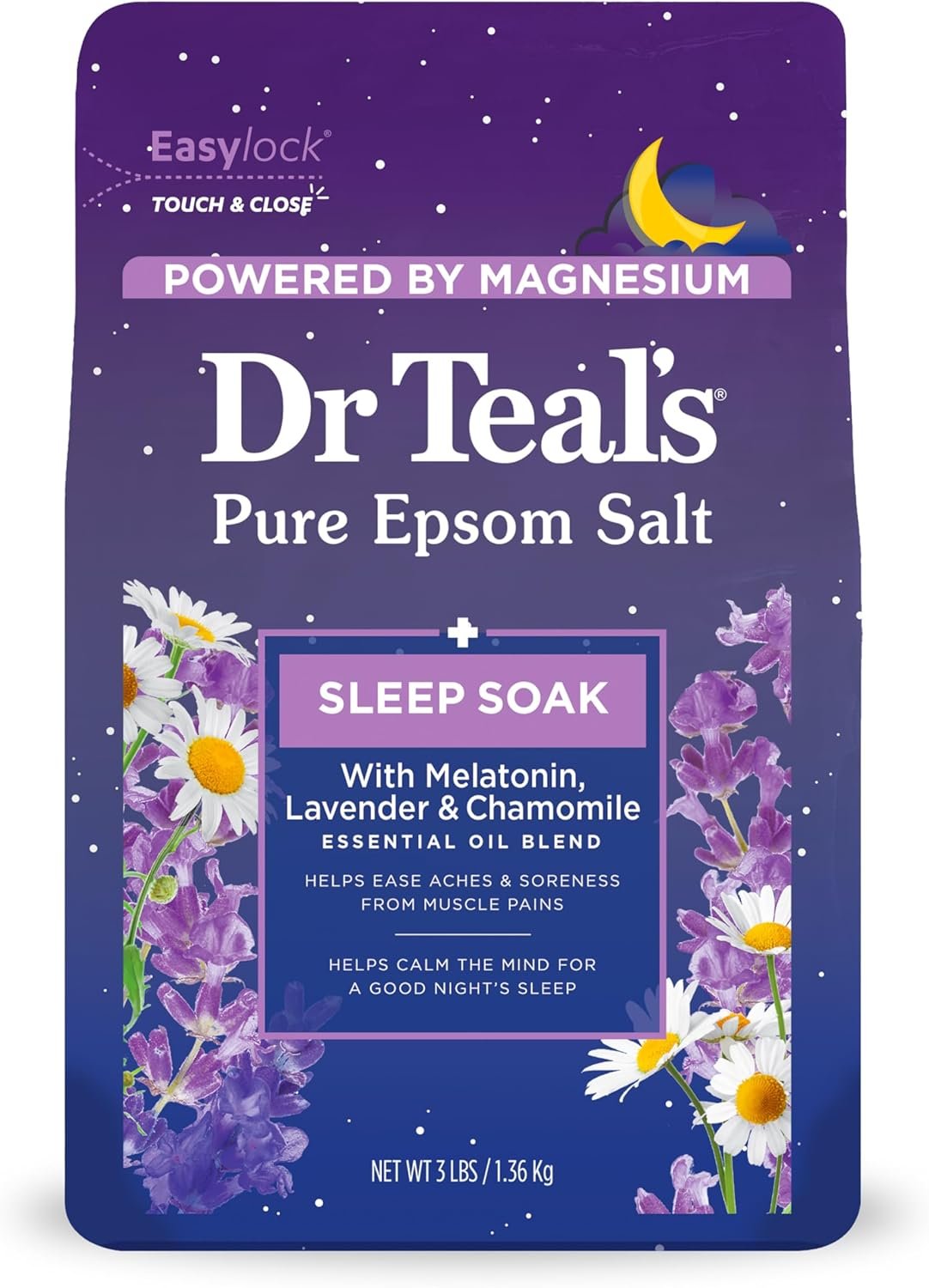 Dr Teal’s Pure Epsom Salt Soak, Sleep Blend with Melatonin, Lavender & Chamomile Essential Oils, 3 lbs