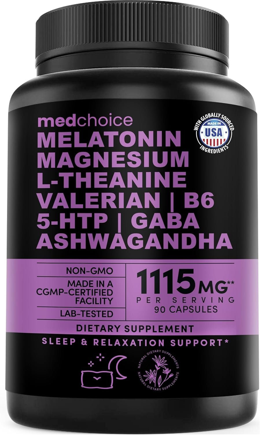 12-in-1 Melatonin Sleep Capsules – Natural Sleep Aids for Adults with Melatonin 5mg and Magnesium Glycinate 500mg, Sleep Aid with Ashwagandha, L Theanine, Valerian Root, GABA, 5-HTP (90ct, Pack of 1)
