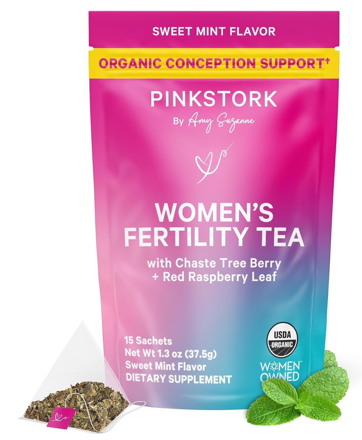 Pink Stork Organic Fertility Tea for Women | Women’s Fertility Support Tea with Chaste Tree Berry (Vitex) + Red Raspberry Leaf | Hormone Balance Herbal Tea, Caffeine Free Sweet Mint, 15 Sachets