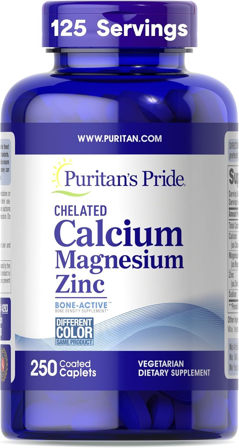 Puritan’s Pride Premium Chelated Calcium Magnesium Zinc with Bone-Active™, Dietary Supplement for Bone Health and Immune Function Support, 250 Coated Caplets