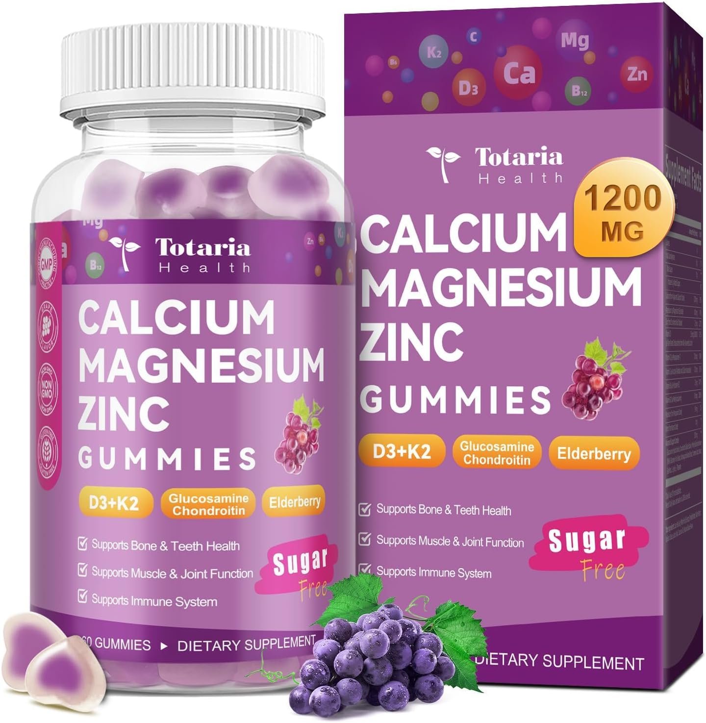 Totaria Sugar Free Calcium Magnesium Zinc Gummies for Women Men, 19-in-1 Ultimate Absorption Calcium 1200 mg Supplements with Vitamin D3 K2, Boron, B12, Ashwagandha, for Bone, Teeth, Calm, Vegan