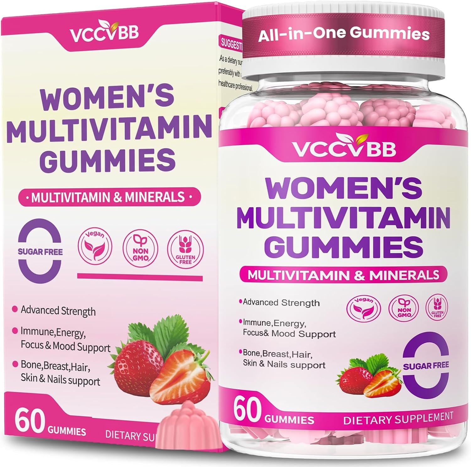 All-in-One Women’s Multivitamin Gummies with Complete Vitamin & Mineral Complex, Herbal Blends for Energy, Overall Health, High Potency Hair Skin and Nails, Strawberry Flavor, 60 Count
