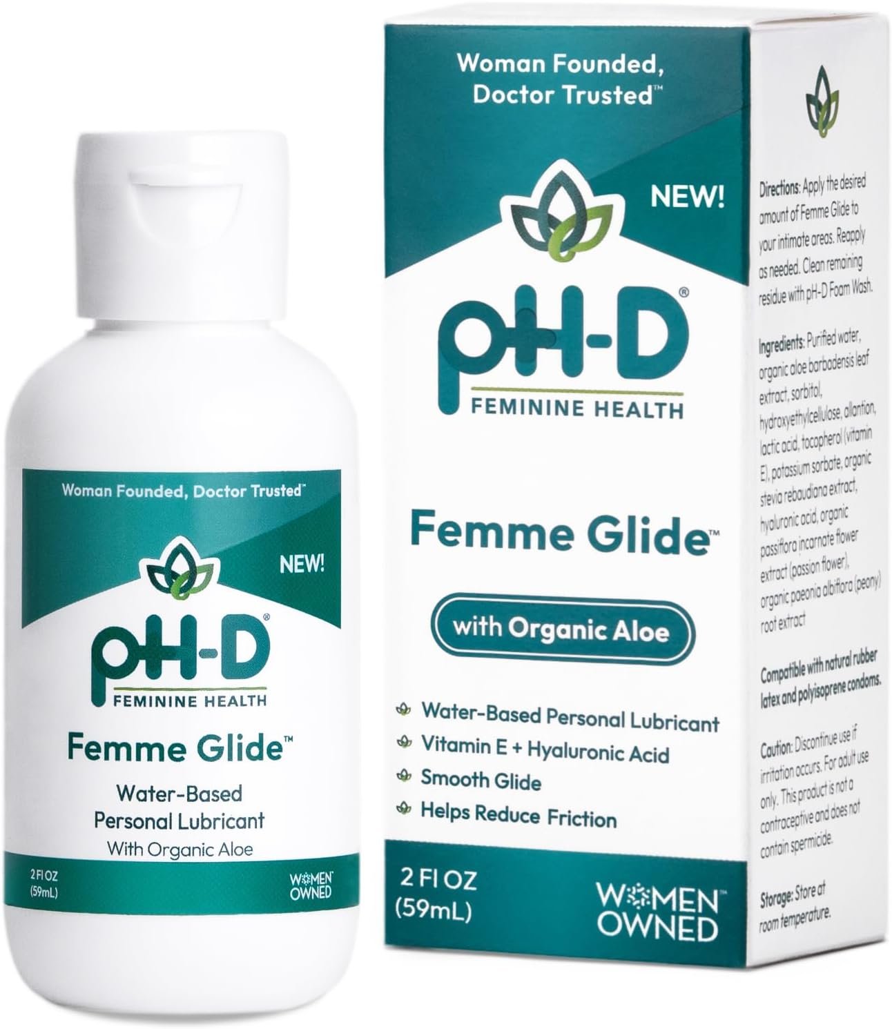 pH-D Feminine Health Femme Glide Personal Lubricant | Water-Based Hydrating Formula Including Organic Aloe Vera, Vitamin E & Hyaluronic Acid, 2oz