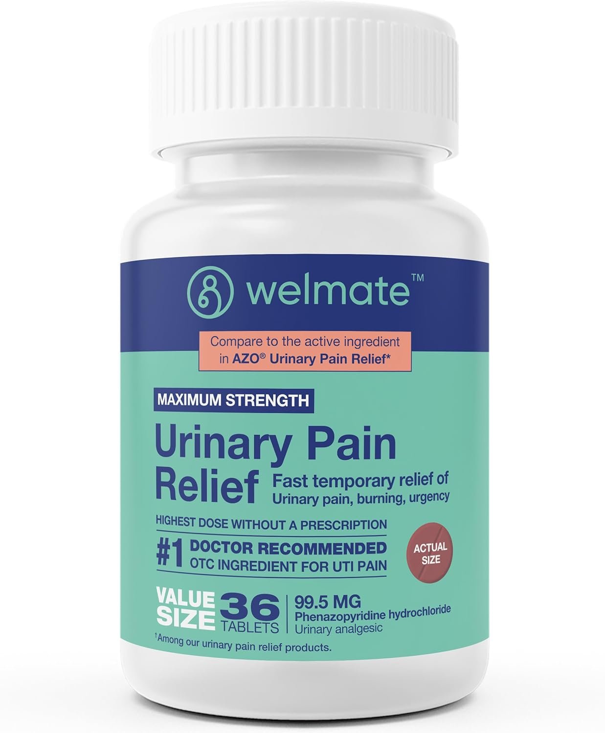 WELMATE Urinary Pain UTI Relief Maximum Strength (Phenazopyridine HCL) – Improve Urinary Tract Health & Bladder Control, Urgency, & Discomfort | Over-The-Counter Medication for Men & Women (36 Pills)