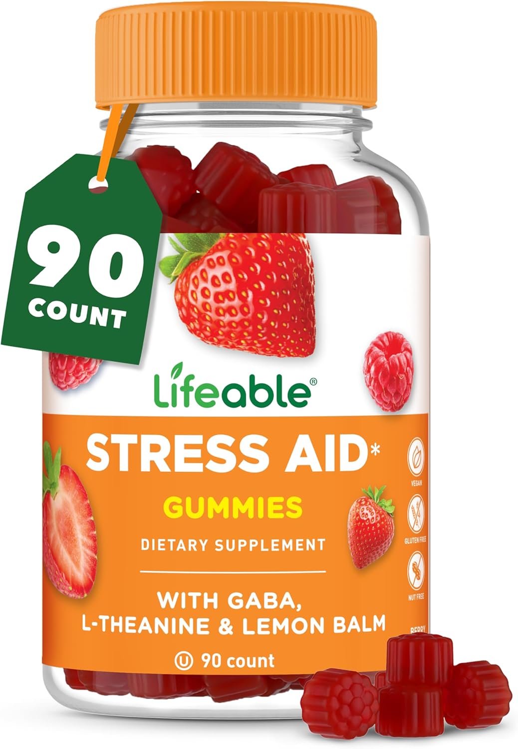 Lifeable Stress Aid Gummies | with Lemon Balm, GABA and L Theanine Supplements | Vegan Non GMO Mood Support Supplement | Great Tasing Stress Vitamins | L-Theanine for Women and Men | 90 Gummies
