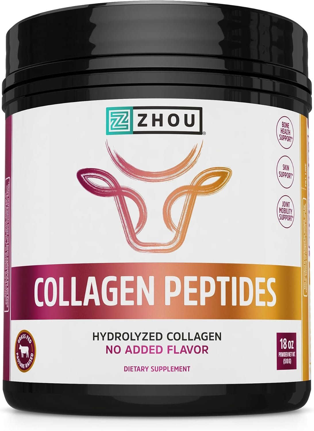 Zhou Collagen Peptides – Pure Hydrolized Collagen Powder for Women & Men, Grass Fed Natural Bovine Collagen for Skin, Hair Growth, Joints & Bones – 18 oz Jar (46 Servings)