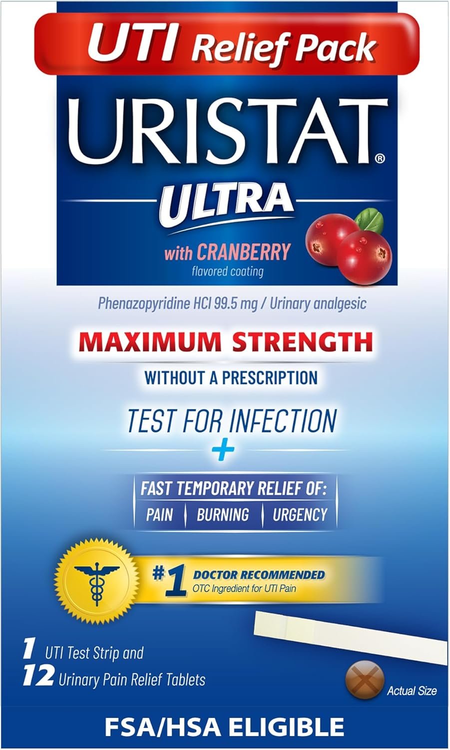 Uristat Ultra Strength Urinary Tract Infection Treatments and Test Relief Kit – 1 UTI Test Strip & 12 Cranberry Flavor Relief Tablets to Ease Urinary Pain, Burning & Urgency