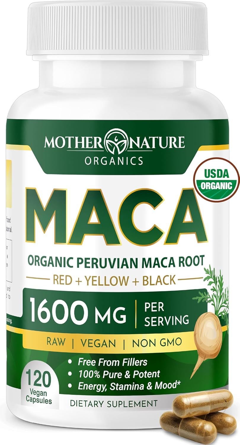 Mother Nature Organic Maca Root Capsules – 1600mg, 120 Vegan Capsules – Non GMO Peruvian Yellow, Red & Black Maca for Men & Women – Energy, Hormone, Brain & Weight Well-Being