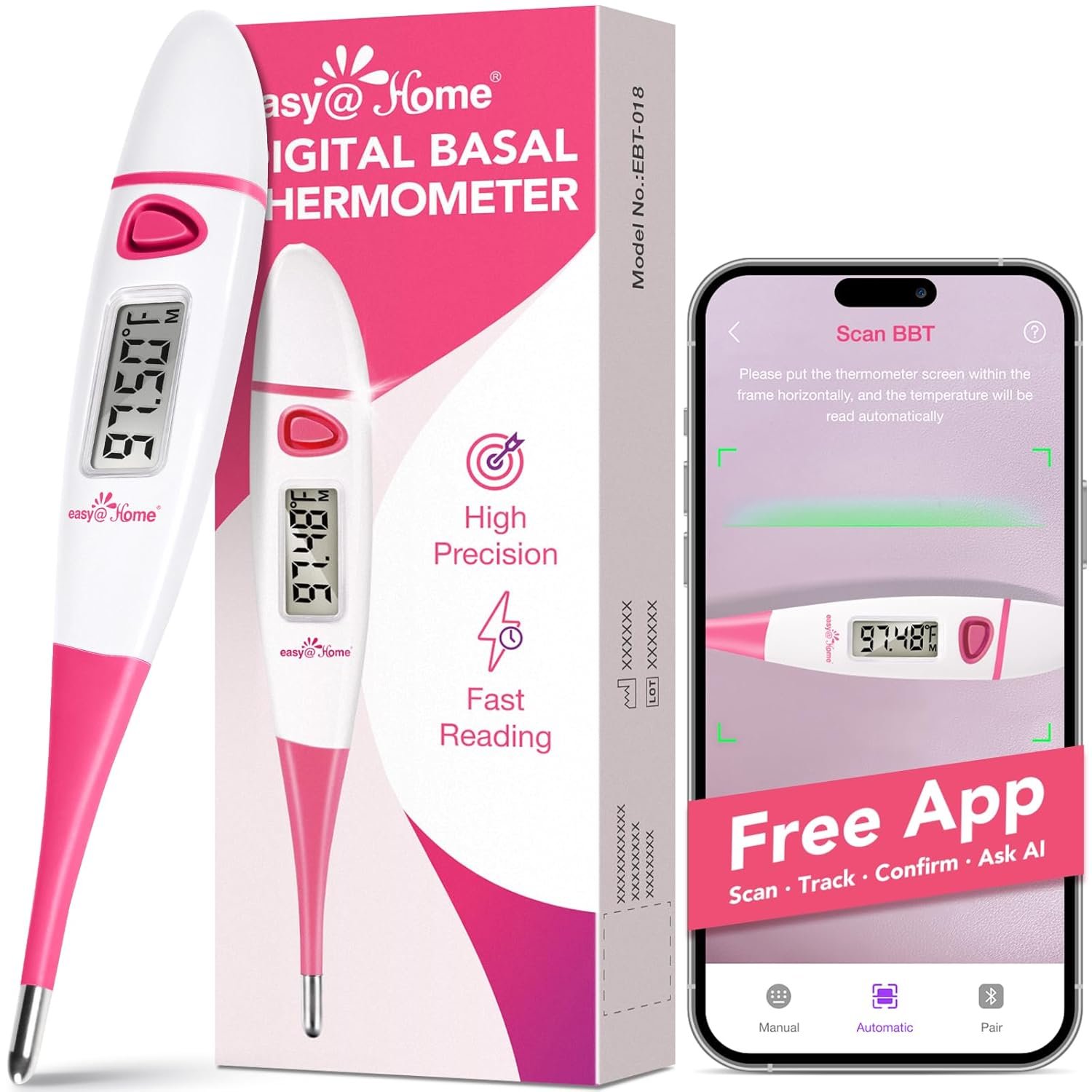 Easy@Home Basal Body Thermometer: BBT for Fertility Prediction with Memory Recall – Accurate Digital Basal Thermometer for Temperature Monitoring with Premom App – EBT-018 (Pink)