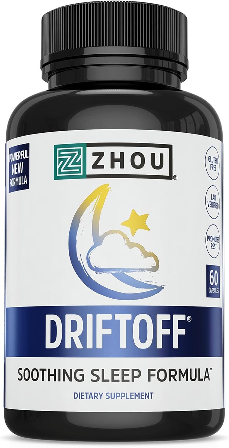 Zhou Driftoff – Nature Inspired Sleep Aid, Valerian Root & Melatonin for Sleep for Men & Women, Calm Sleeping Supplement for Adults with Gaba & Chamomile to Relax – 60 Veggie Capsules
