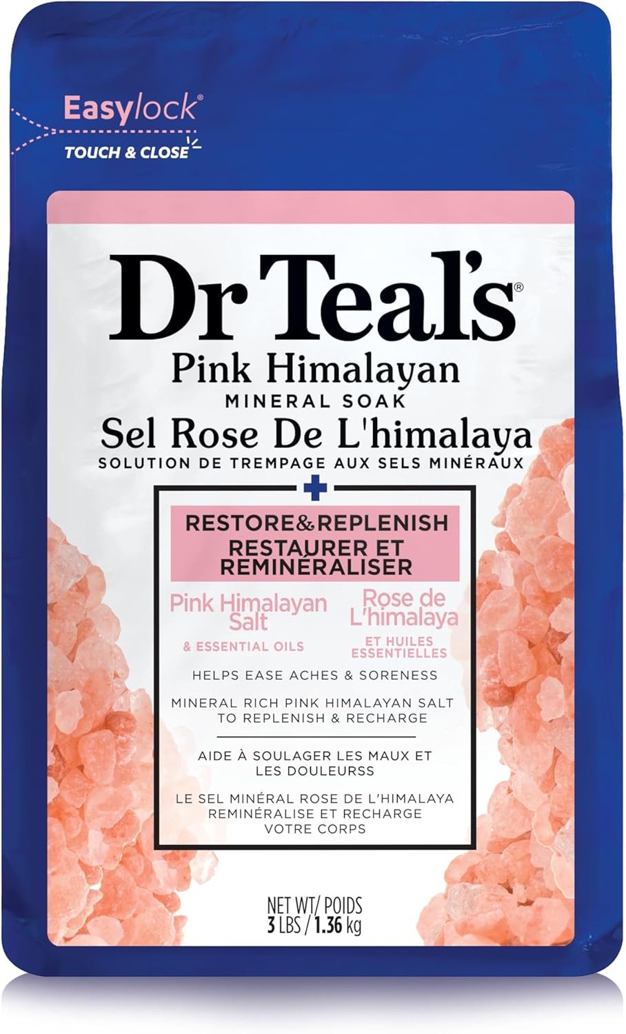 Dr Teal’s Epsom Salt Magnesium Soak, Restore & Replenish with Pink Himalayan Salt, 3 lbs