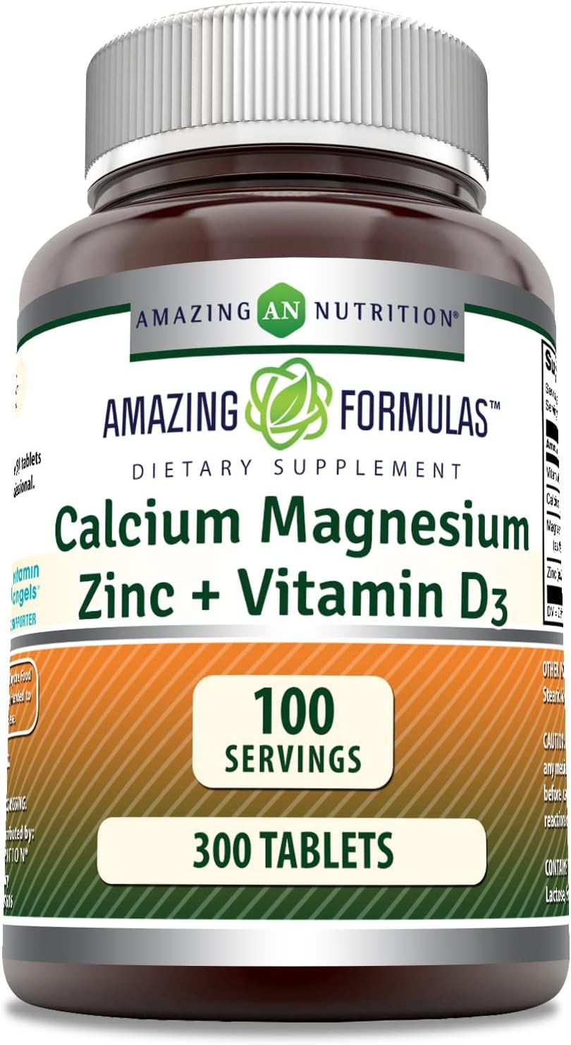 Amazing Formulas Calcium Magnesium Zinc D3 – 300 Tablets Per Bottle Supplement (Calcium 1000mg – Magnesium 400mg – Zinc 25mg Plus Vitamin D3 600 IU – Per Serving of 3 Tablets)