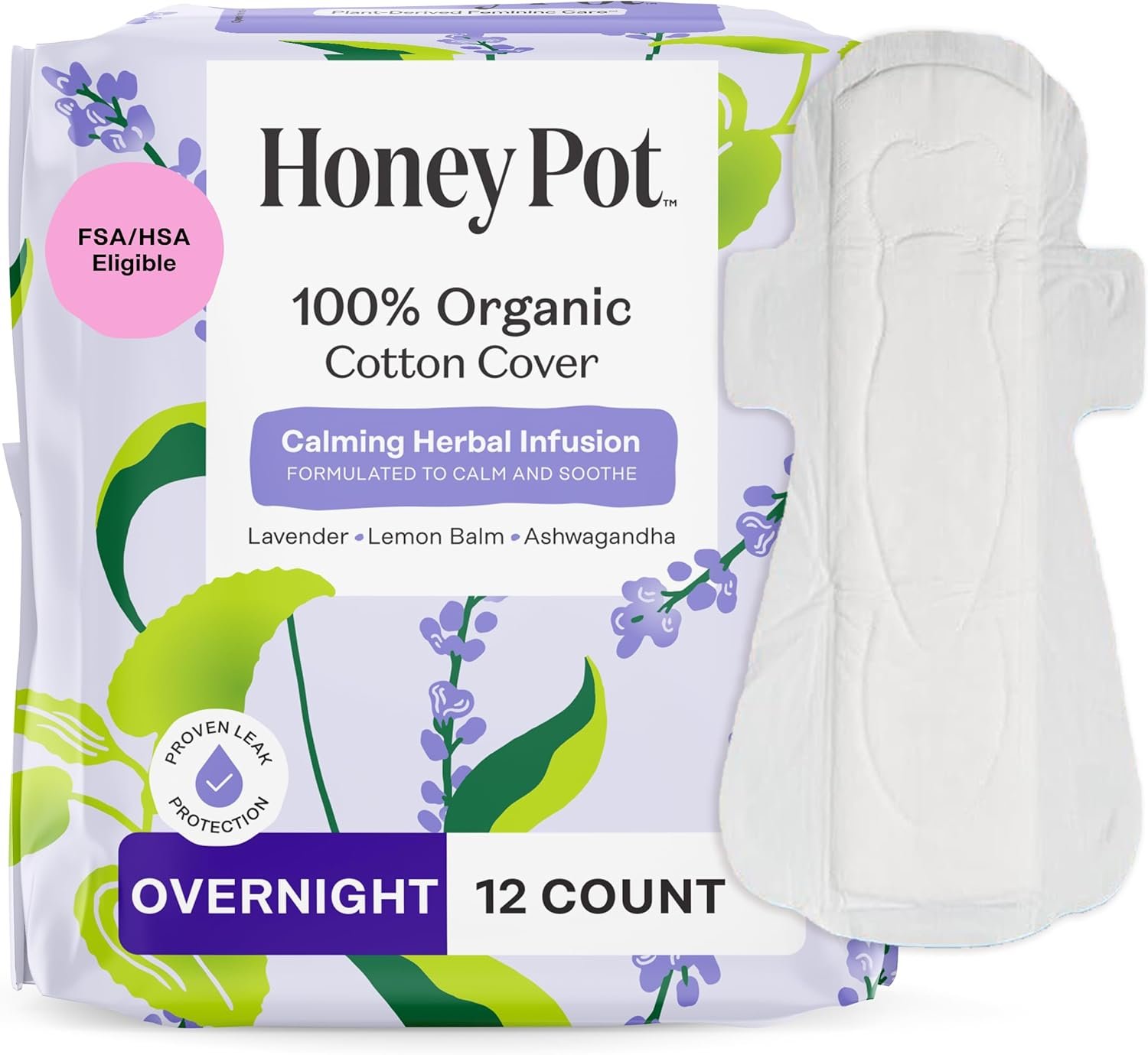 Honey Pot Calming Overnight Sanitary Pads for Women – 100% Organic Cotton Top Sheet – Feminine Care – Non Cooling – Calming Herbs of Lavender, Ashwagandha, & Lemon Balm – 12ct