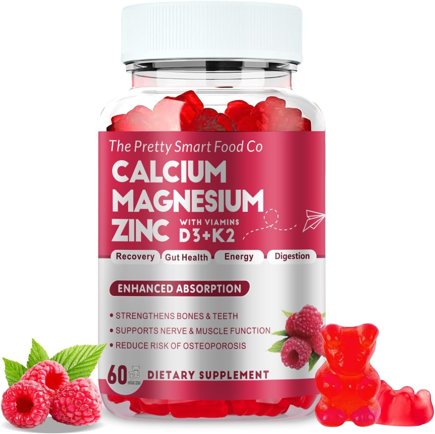Calcium Magnesium Zinc Gummies with Vitamin D3 & K2 for Bone, Muscle & Immune Support – High Potency Enhanced Absorption – 60 Raspberry Gummies