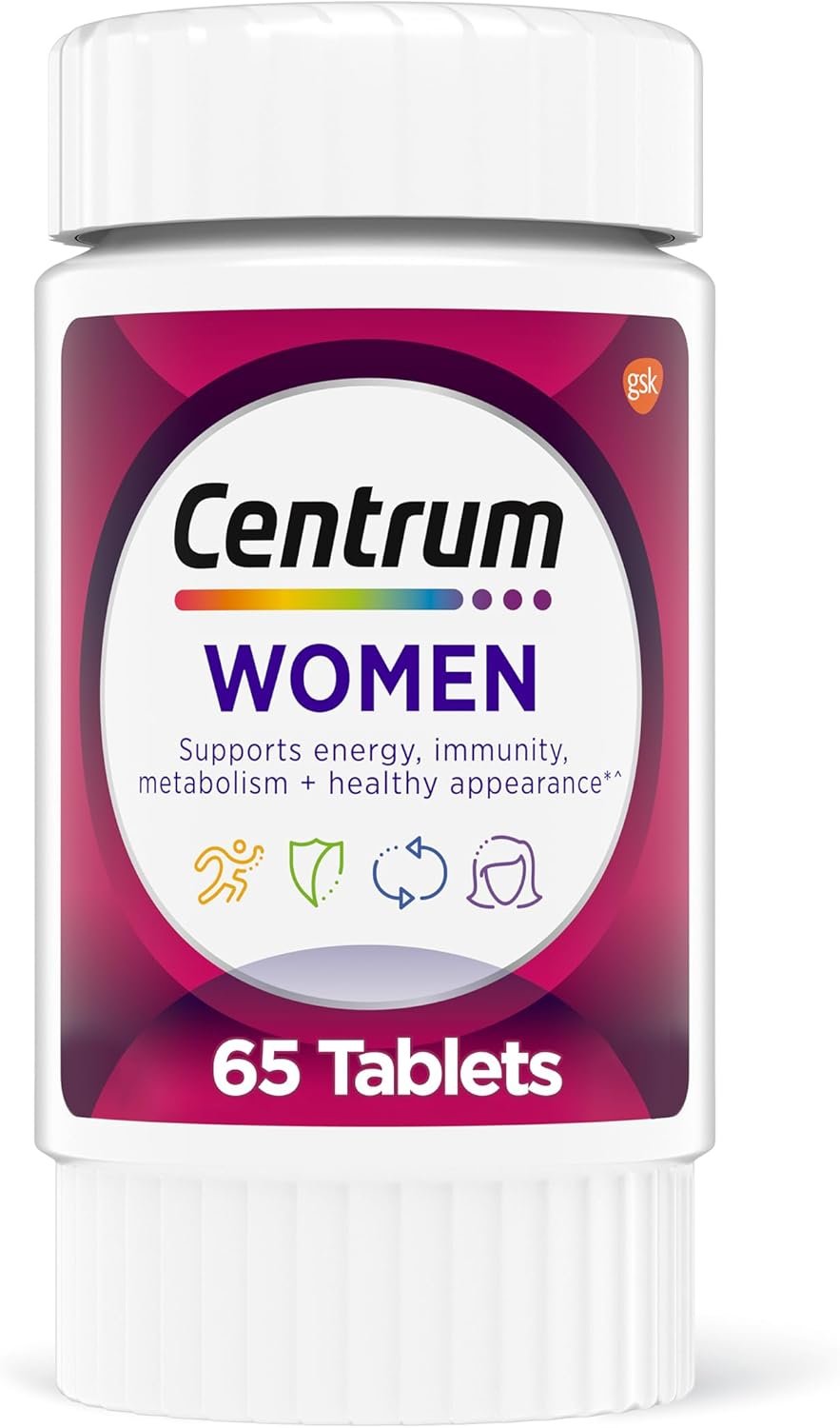 Centrum Multivitamin for Women, Multivitamin/Multimineral Supplement with Iron, Vitamin D3, B Vitamins and Antioxidant Vitamins C and E, Gluten Free, Non-GMO Ingredients – 65 Count