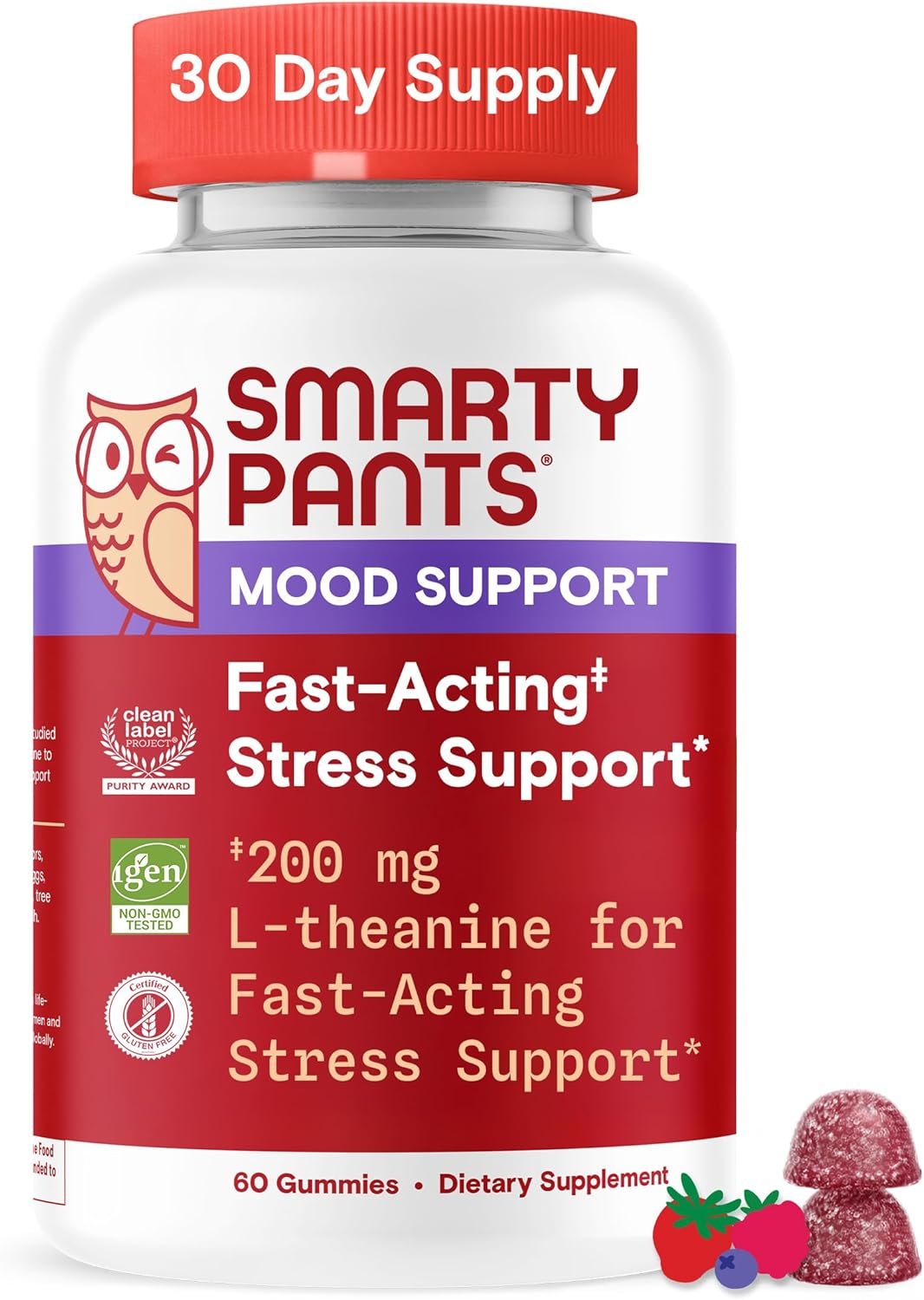 SmartyPants Adult Stress Support Gummies: Fast-Acting Calm & Mood Support with L-Theanine 200mg & Ashwagandha (Sensoril), Non-Drowsy, Mixed Berry Flavor, 60 Count (30 Day Supply)